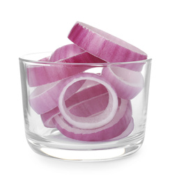 Photo of Raw red onion rings in glass bowl isolated on white