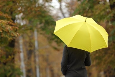 Woman with yellow umbrella in autumn park, back view. Space for text