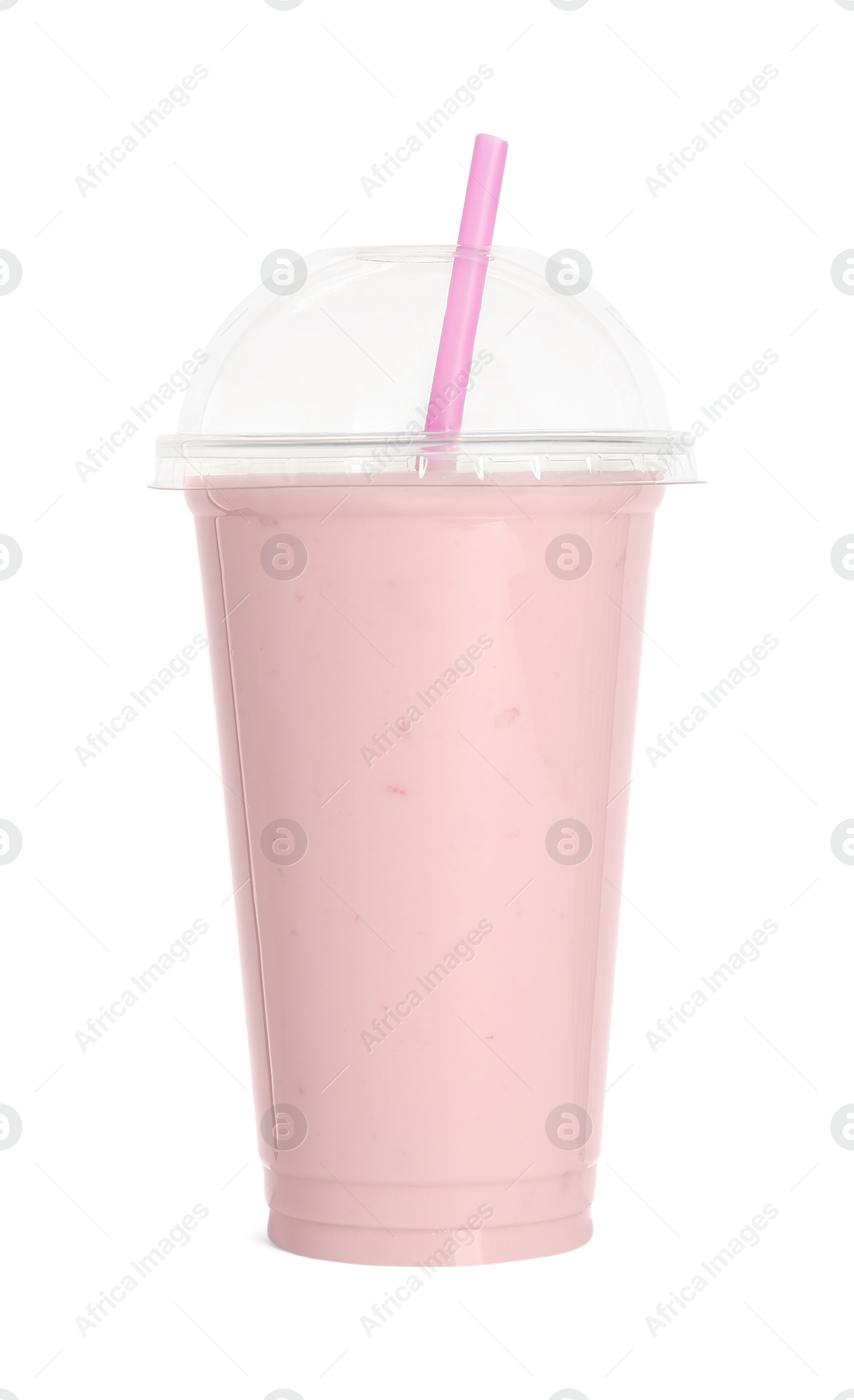 Photo of Plastic cup of tasty smoothie isolated on white