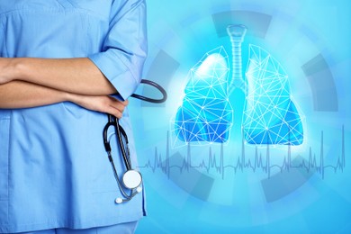 Image of Doctor with stethoscope and digital image of human lungs on blue background, closeup