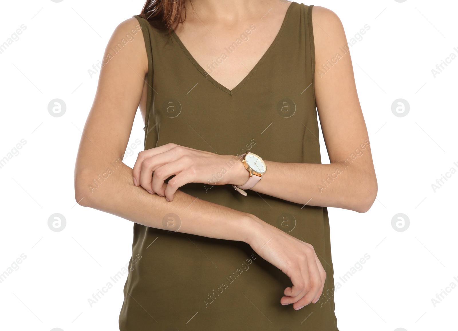 Photo of Young woman scratching arm on white background. Annoying itch