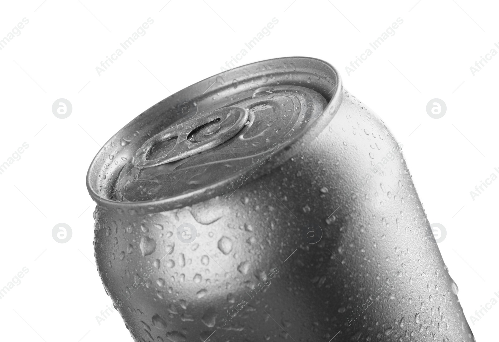 Photo of Can of energy drink with water drops isolated on white, closeup