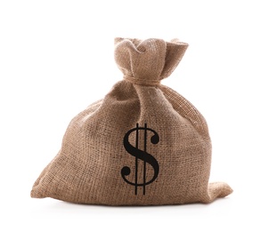 Image of Burlap bag with dollar sign on white background