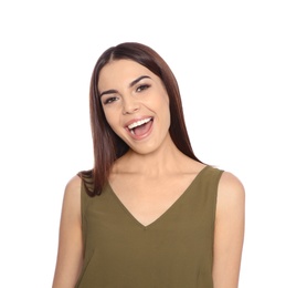 Photo of Portrait of young woman laughing on white background