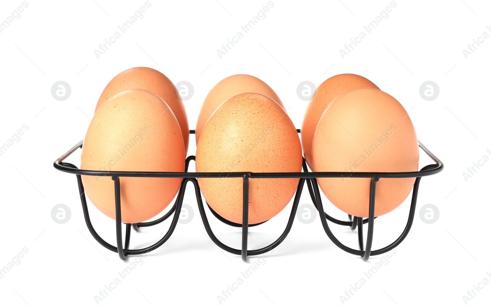 Photo of Black metal egg tray on white background