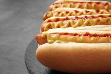 Photo of Slate plate with hot dogs on grey table, closeup. Space for text