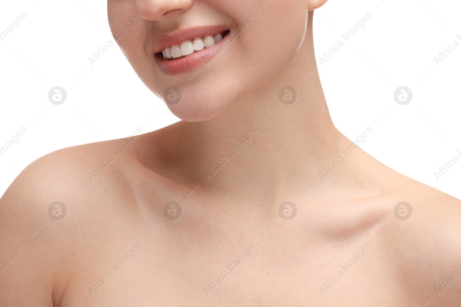 Photo of Beauty concept. Smiling woman on white background, closeup