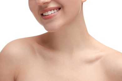 Photo of Beauty concept. Smiling woman on white background, closeup