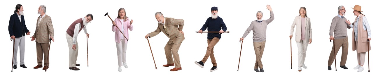 Collage with photos of senior men and woman with walking canes on white background