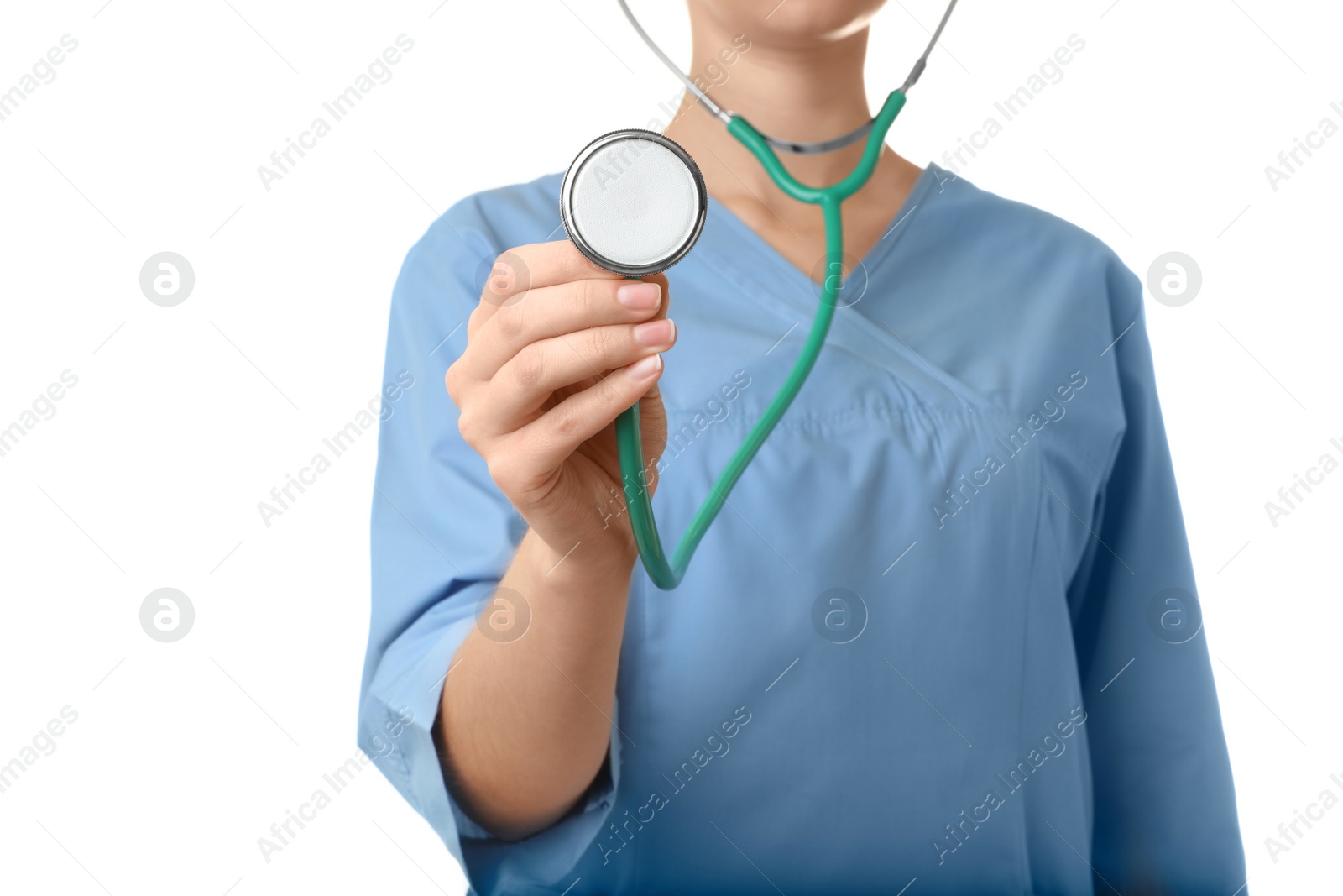 Photo of Female doctor with stethoscope on white background, closeup. Medical object