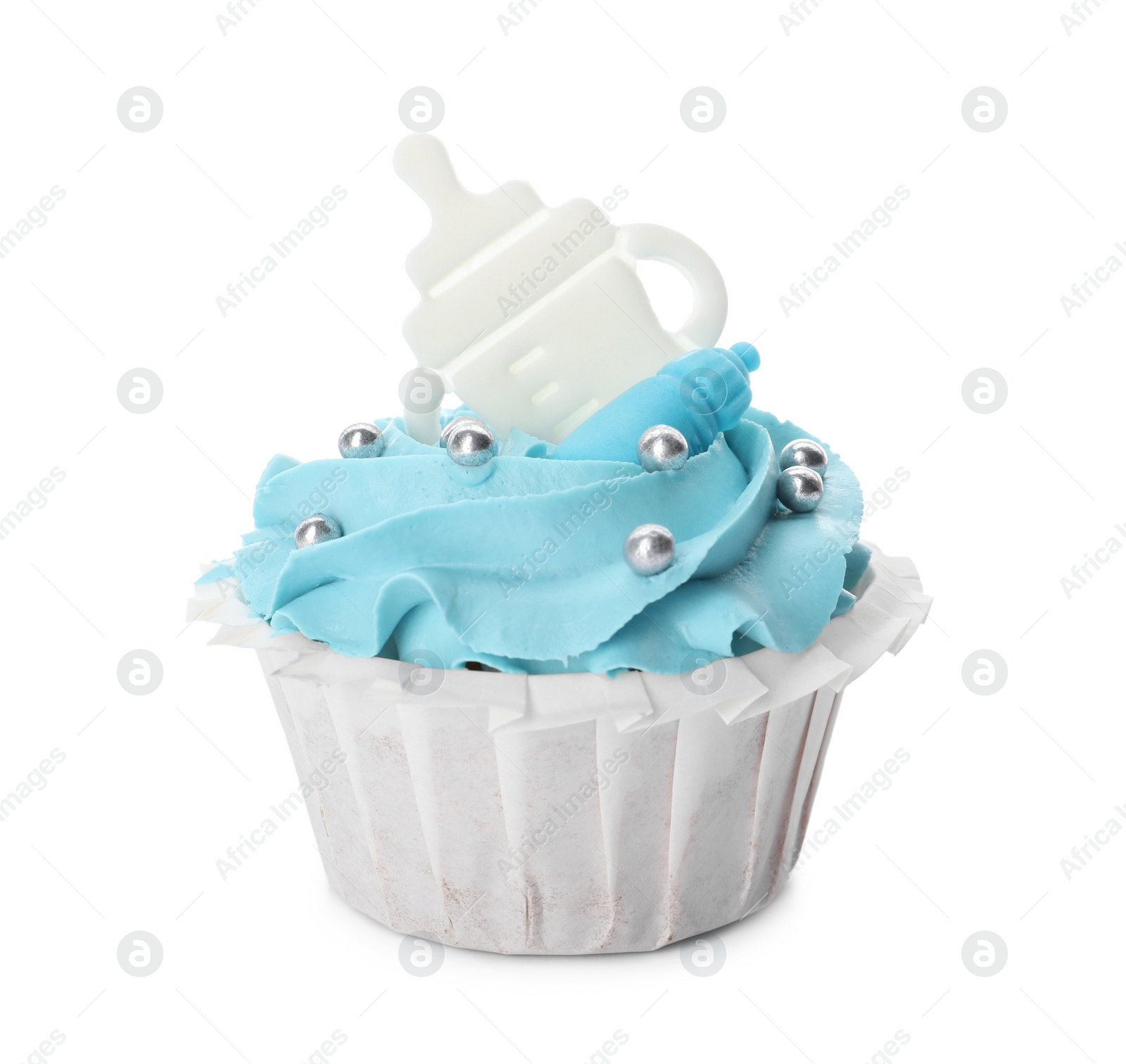 Photo of Baby shower cupcake with light blue cream on white background