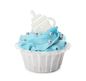 Baby shower cupcake with light blue cream on white background