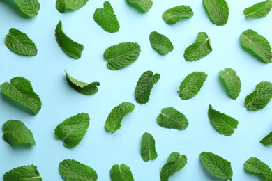 Fresh mint leaves on light blue background, flat lay