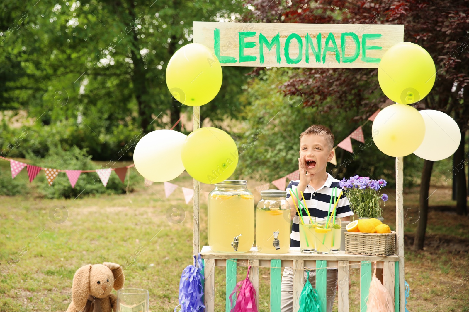 Photo of Little boy at lemonade stand in park