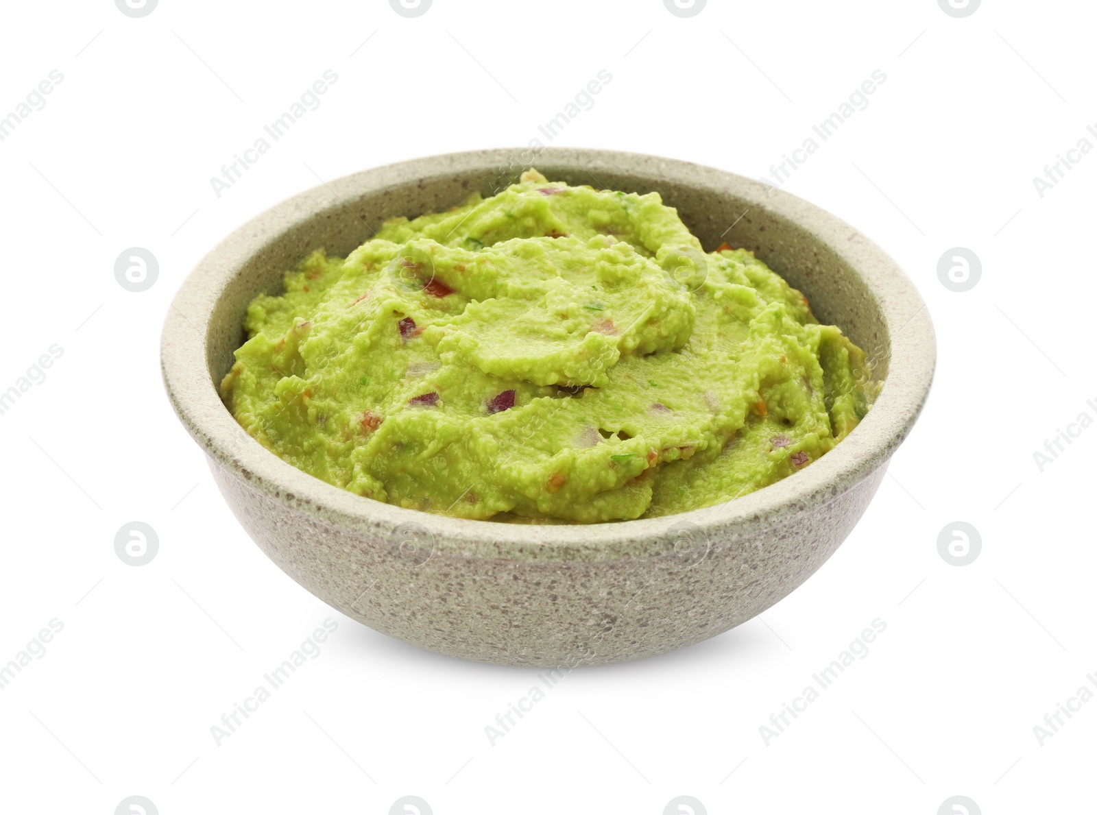 Photo of Bowl of delicious guacamole isolated on white