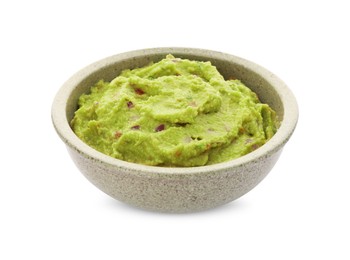 Bowl of delicious guacamole isolated on white