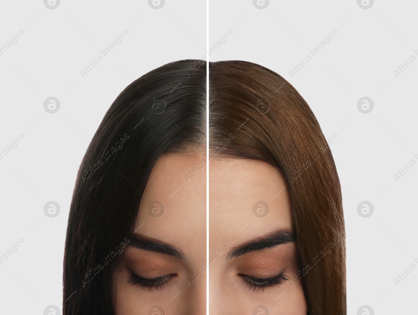 Image of Closeup view of young woman before and after hair dyeing on light background, collage