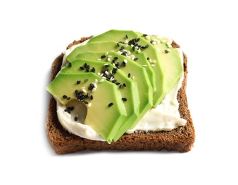 Toast bread with cream cheese and avocado slices on white background