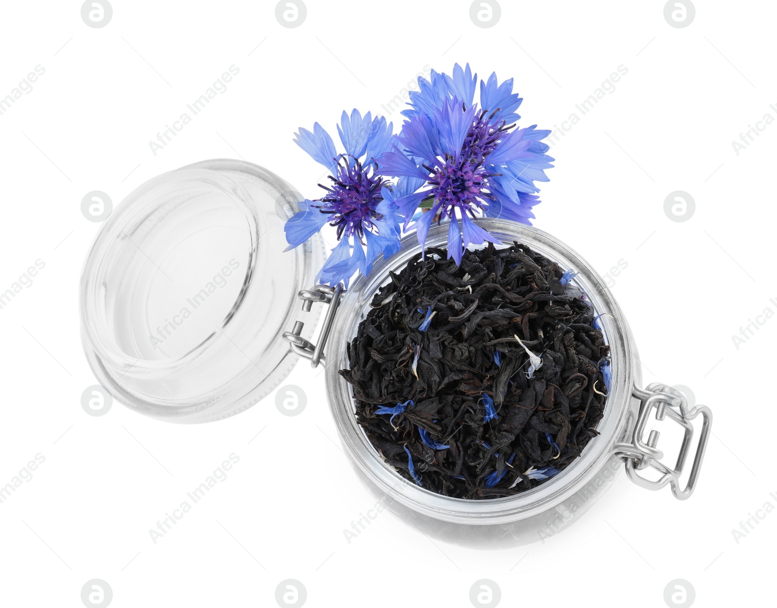 Photo of Dried cornflower tea and fresh flowers on white background, top view