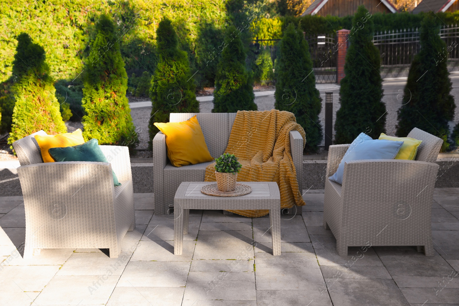 Photo of Beautiful rattan garden furniture, soft pillows, blanket and houseplant outdoors