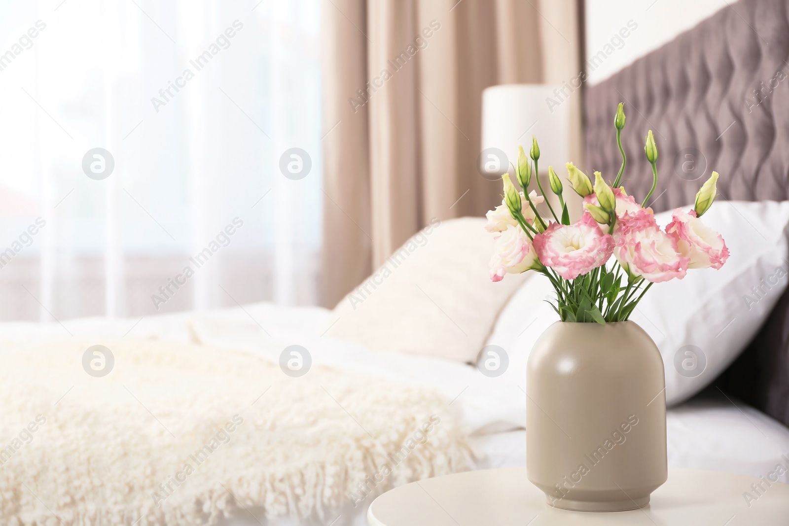 Photo of Beautiful flowers in vase and space for text on blurred background. Element of interior design