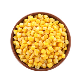 Delicious canned corn in bowl isolated on white, top view