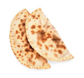 Photo of Delicious calzones on white background, top view