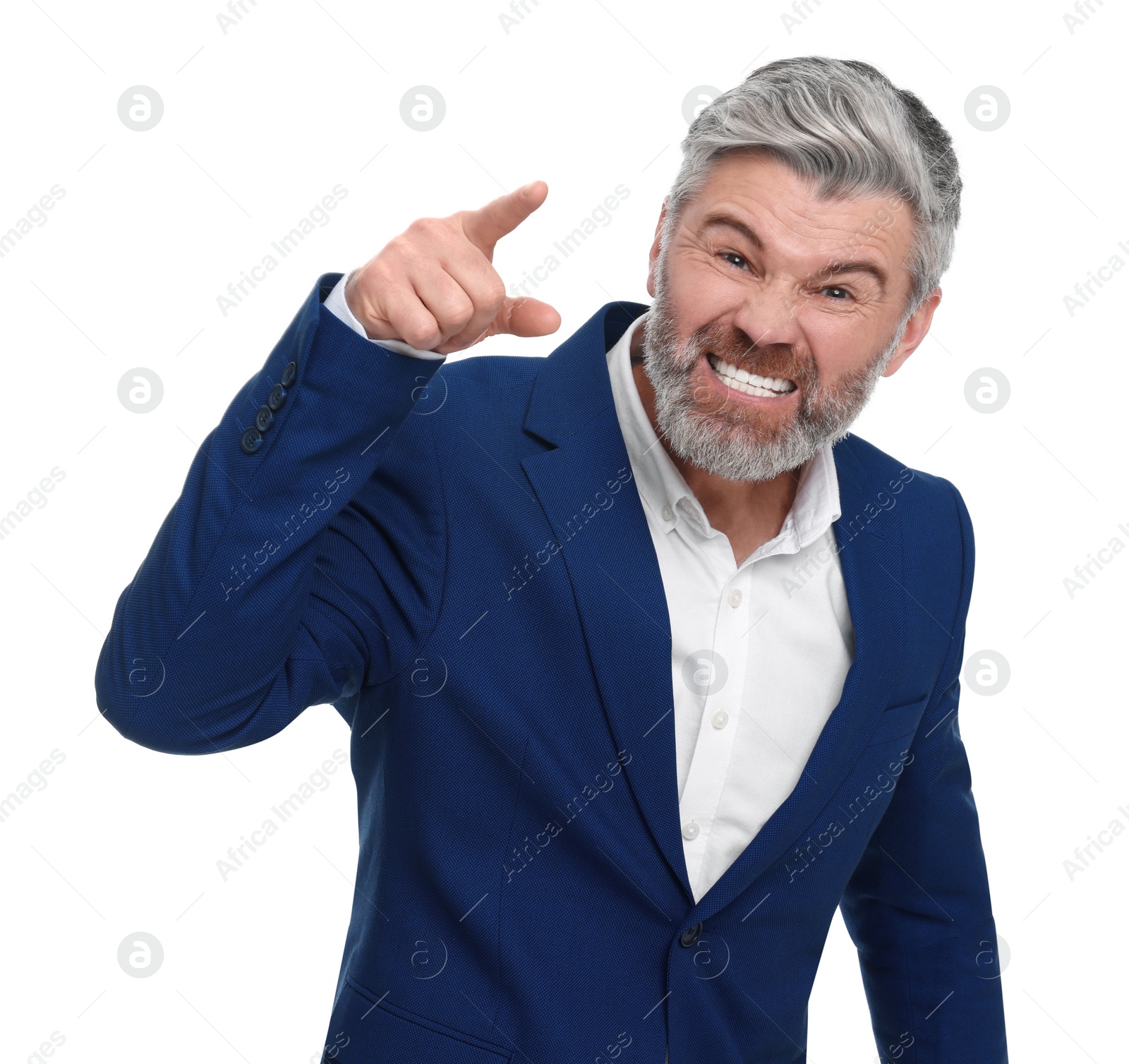 Photo of Emotional mature businessman in stylish clothes posing on white background