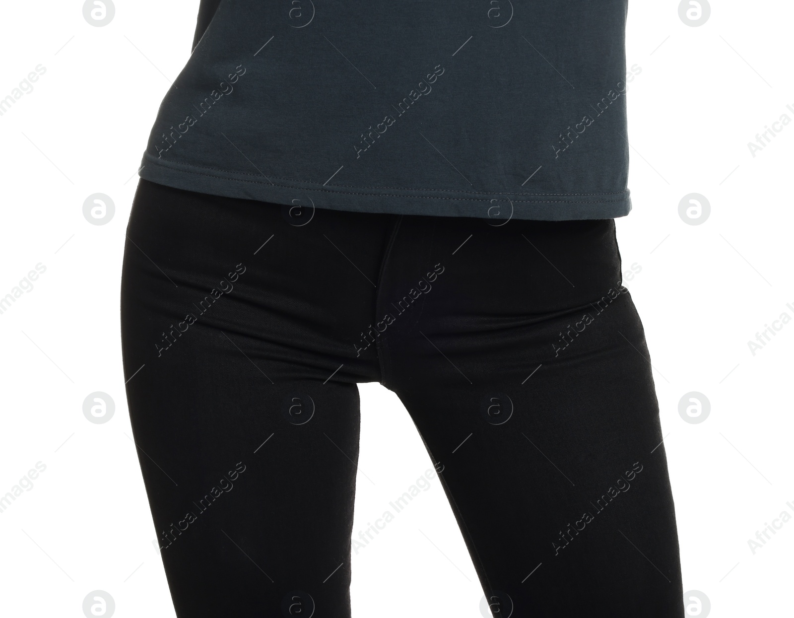 Photo of Woman wearing stylish black jeans on white background, closeup