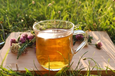 Photo of Cup of aromatic herbal tea and different wildflowers on green grass outdoors, closeup