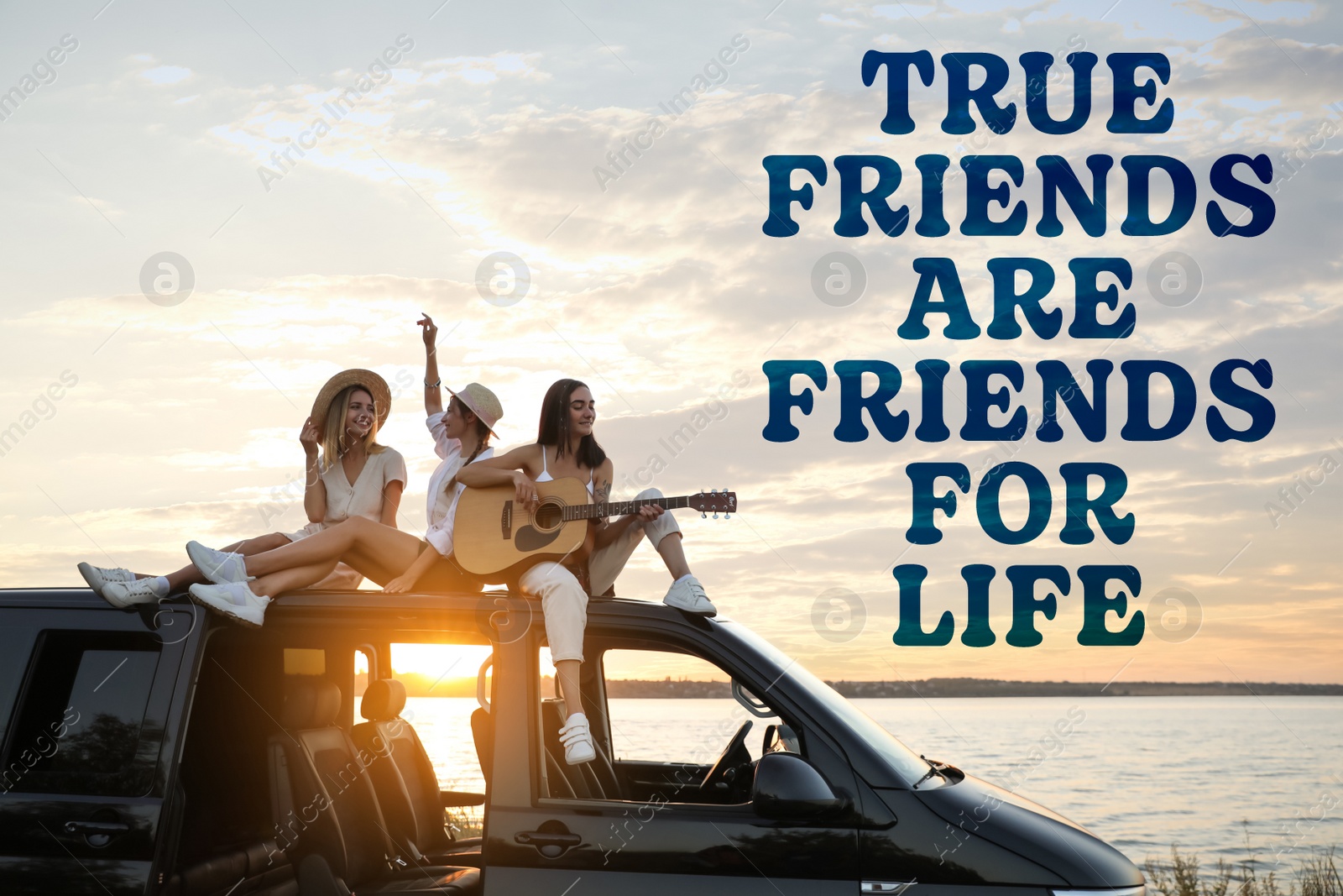 Image of Like A Child Be Happy For No Reason. Inspirational quote saying that you don't need anything to feel happiness. Text against view of cheerful friends having fun on car roof at sunset