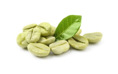 Pile of green coffee beans and leaf on white background