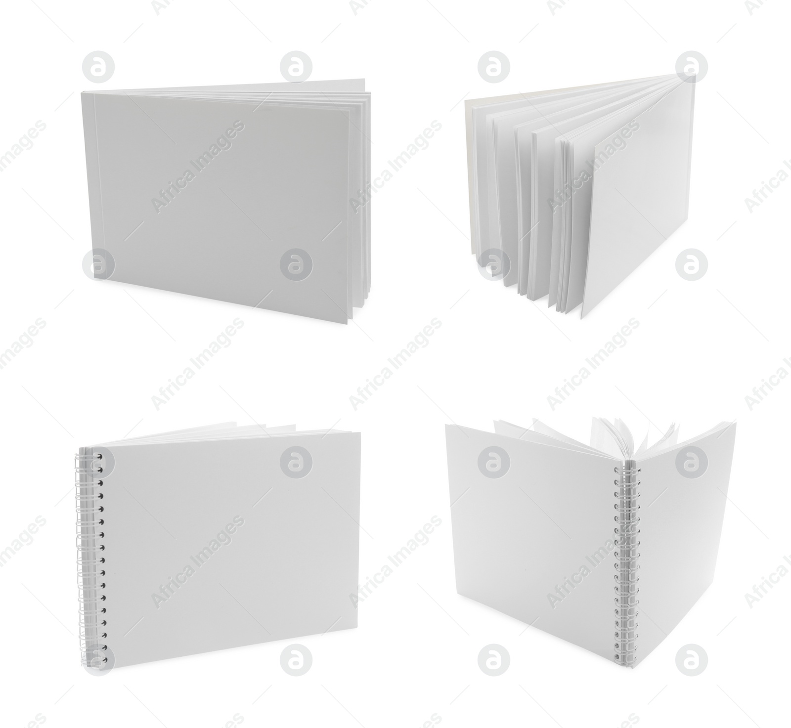 Image of Set with blank paper brochures on white background. Mockup for design