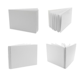 Set with blank paper brochures on white background. Mockup for design