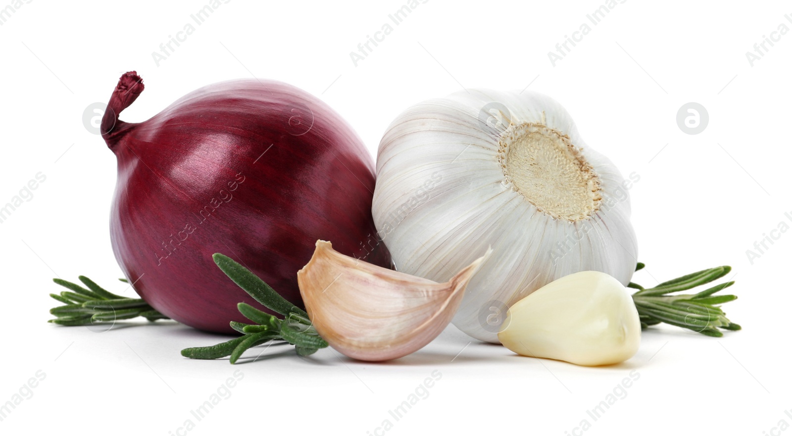 Photo of Garlic, onion and rosemary on white background