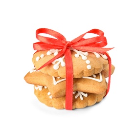 Tasty homemade Christmas cookies on white background