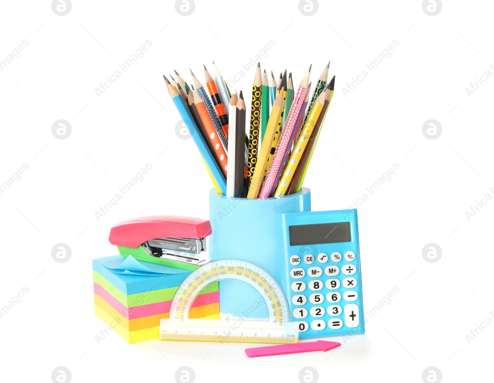 Photo of Set of colorful school stationery on white background