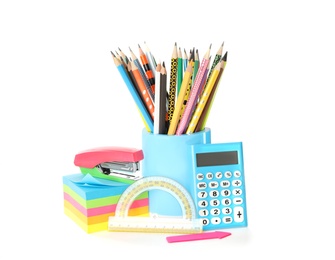 Set of colorful school stationery on white background