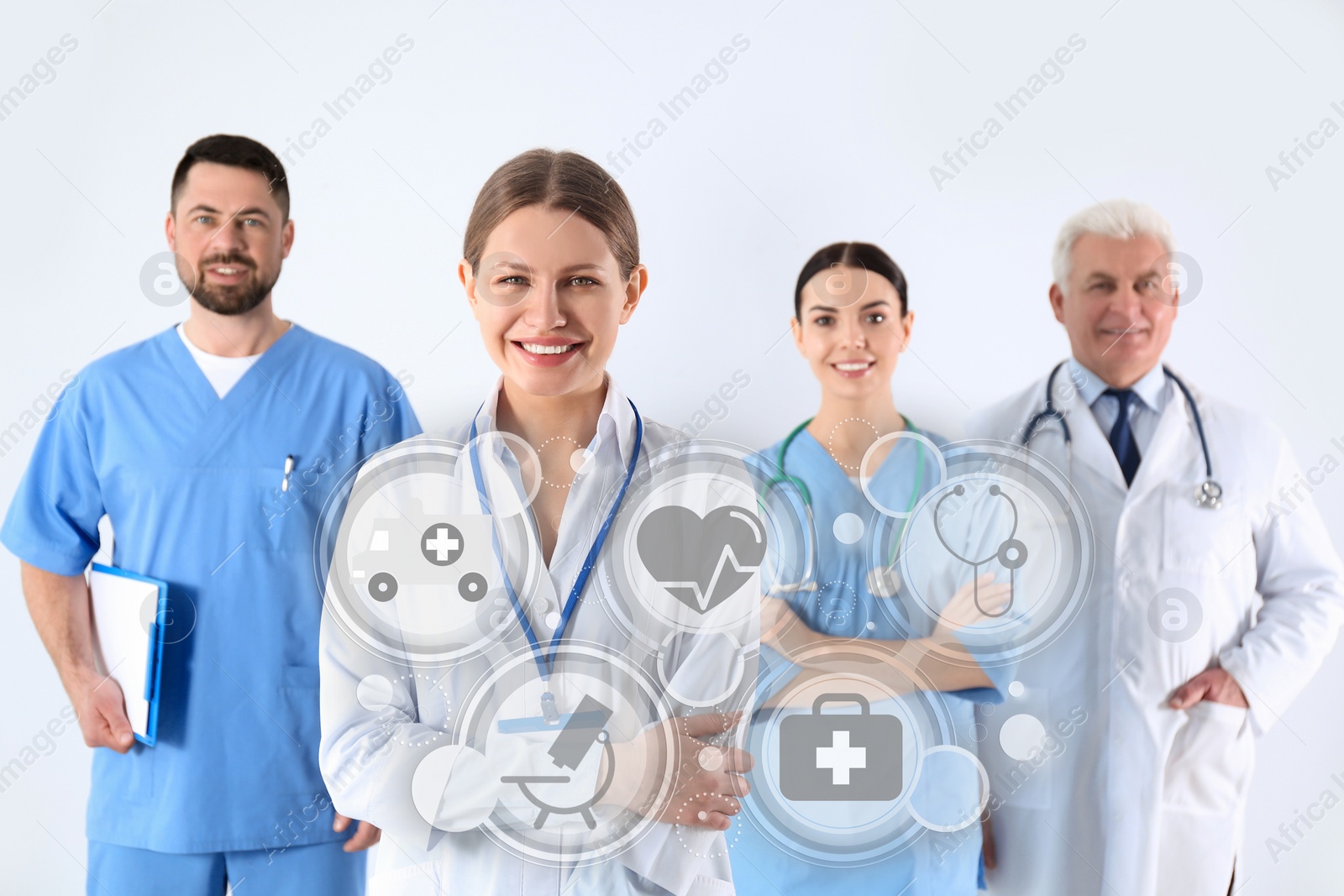 Image of Group of doctors against light background. Medical service