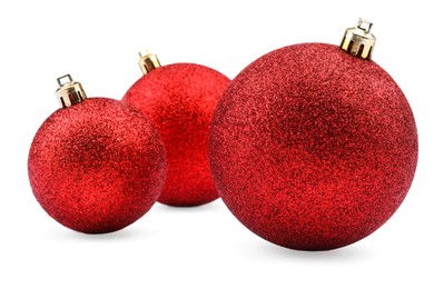 Photo of Beautiful red Christmas balls isolated on white