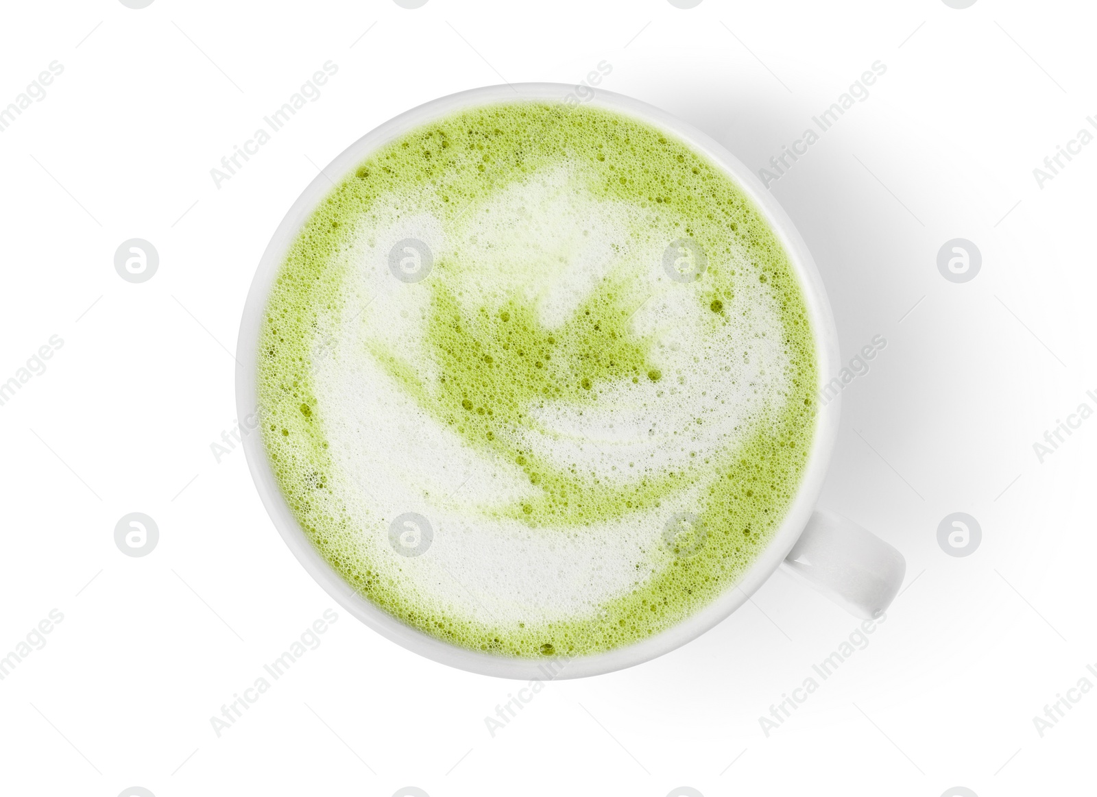 Photo of Cup of tasty matcha latte isolated on white, top view