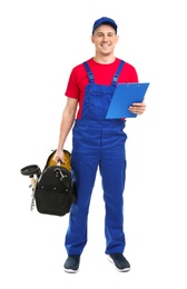 Young plumber with tool bag and clipboard on white background