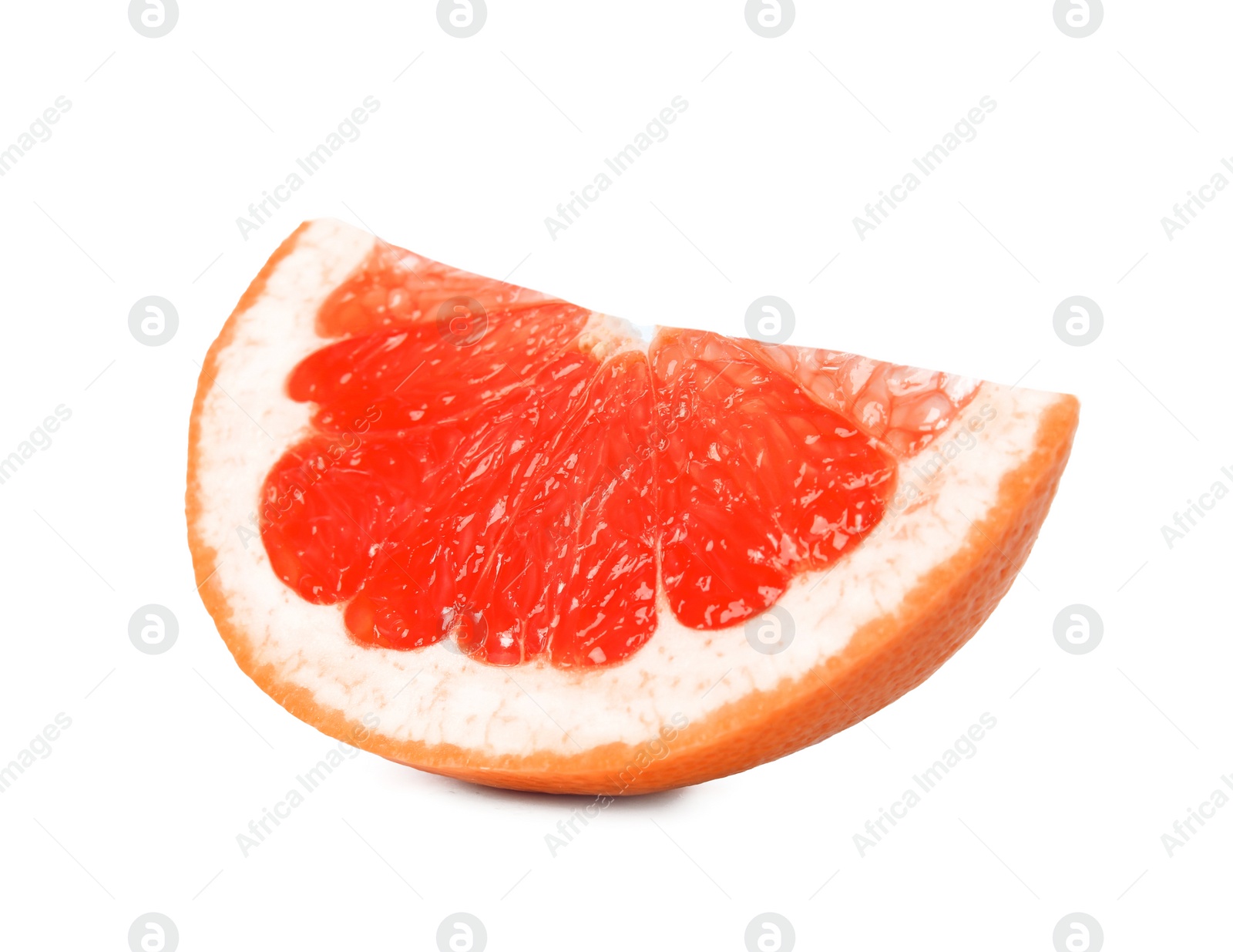 Photo of Slice of ripe juicy grapefruit on white background