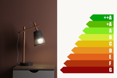 Image of Energy efficiency rating label and lamp on wooden bedside table near brown wall indoors