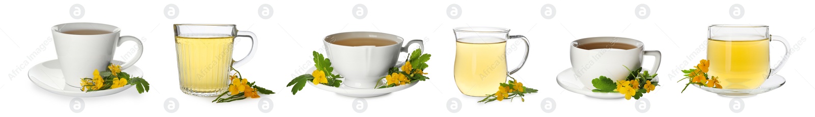 Image of Set with cups of  aromatic celandine tea on white background. Banner design