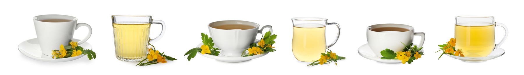 Set with cups of  aromatic celandine tea on white background. Banner design