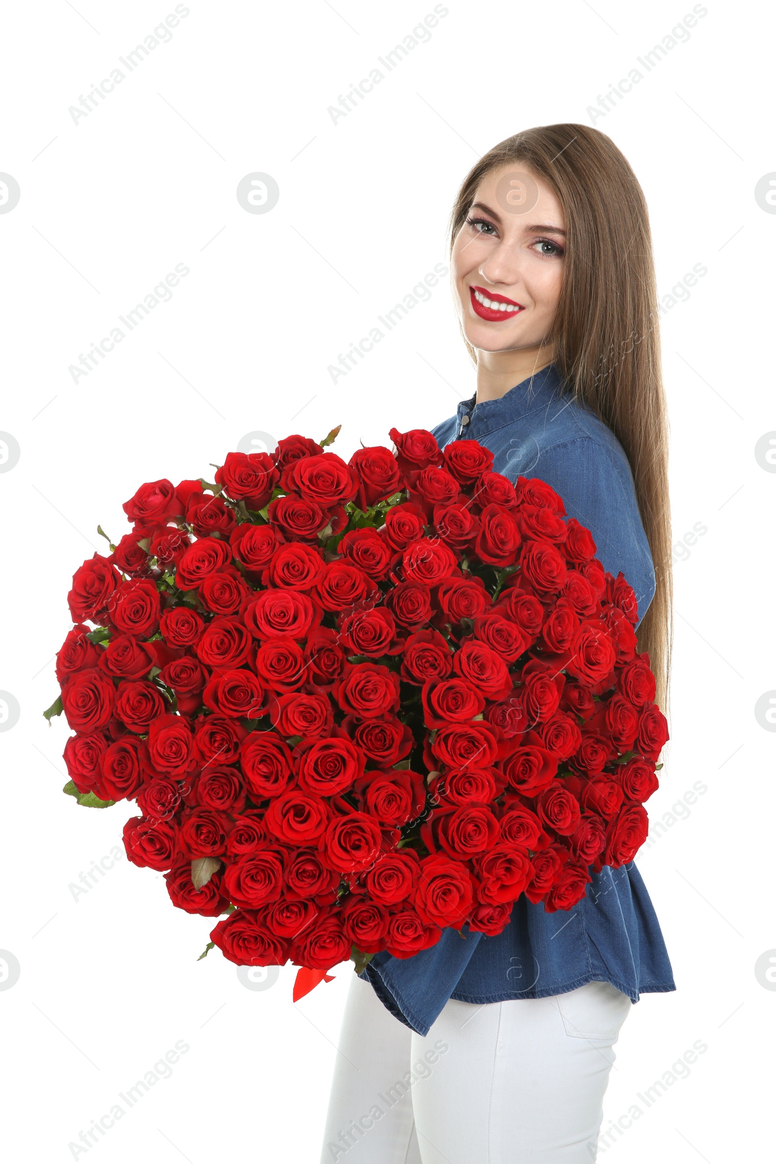 Photo of Beautiful young woman with bouquet of roses on white background