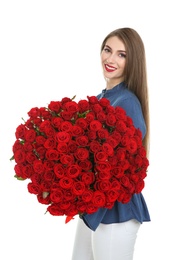 Photo of Beautiful young woman with bouquet of roses on white background