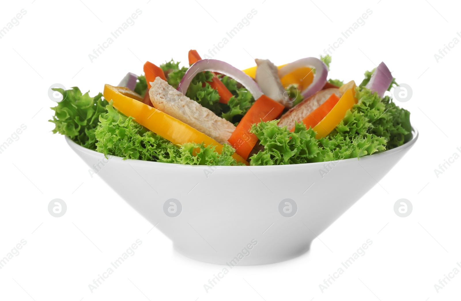 Photo of Delicious fresh chicken salad with vegetables isolated on white