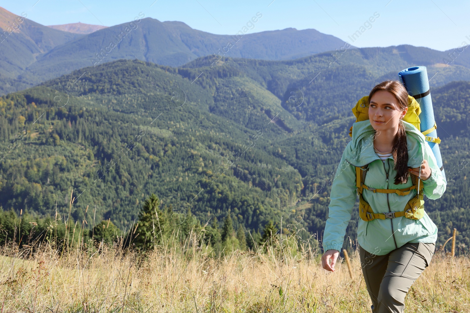 Photo of Tourist with backpack walking in mountains on sunny day